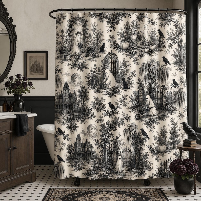 Aquarium Zombie - Gothic Ghost Toile Shower Curtain, Vintage